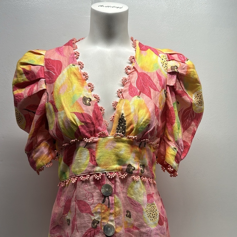 Farm Rio Pink Papaya Leaf Dress Linen Button Down Midi Short Sleeve Size Small - Picture 8 of 13